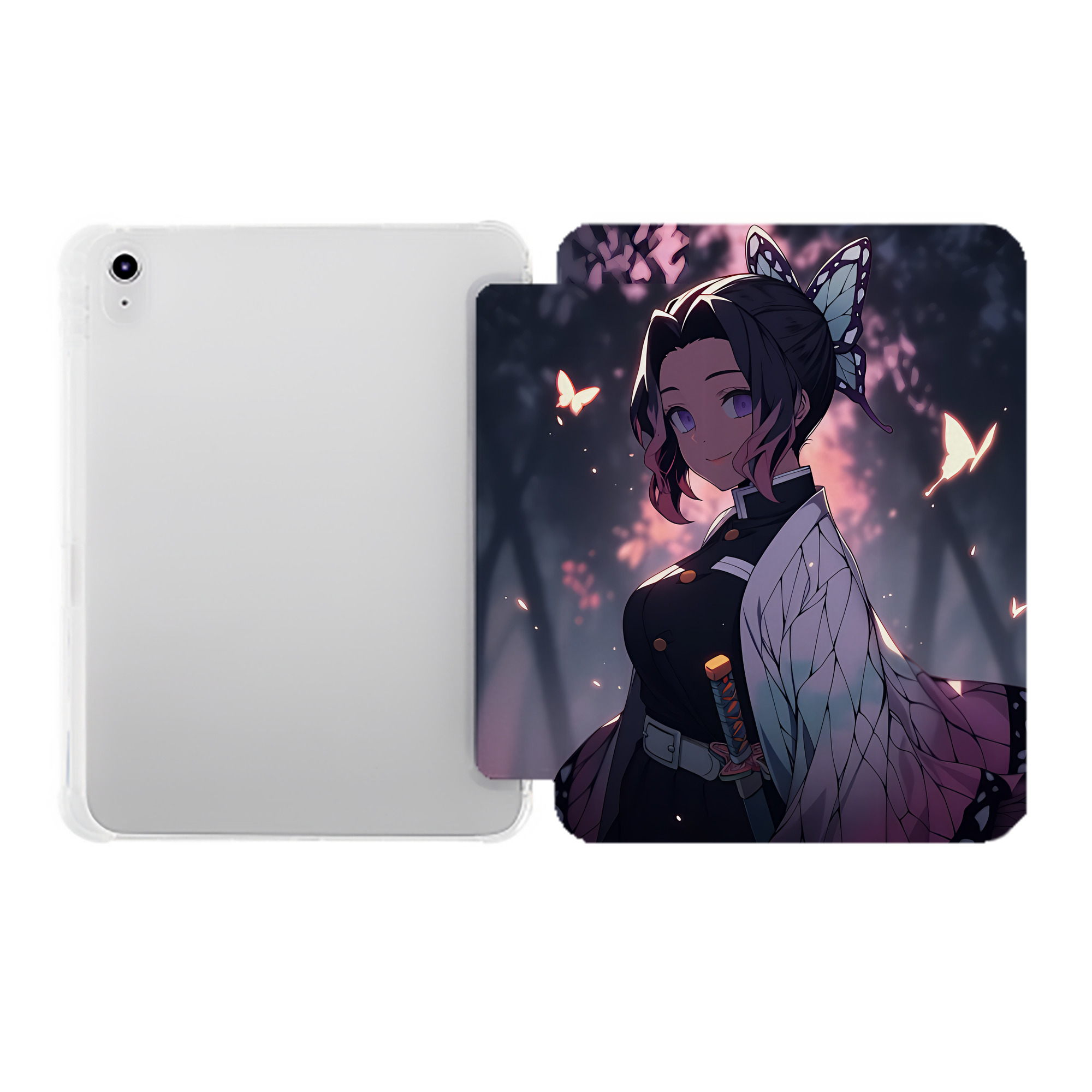 （画像用） 鬼滅の刃（きめつのやいば）蟲柱-胡蝶 しのぶ／こちょう しのぶ Kochou Shinobu IPad ケース ペン収納付き 三つ折りスタンド PUレザー×シリコン 対応機種9.5/10.5/10.9インチ